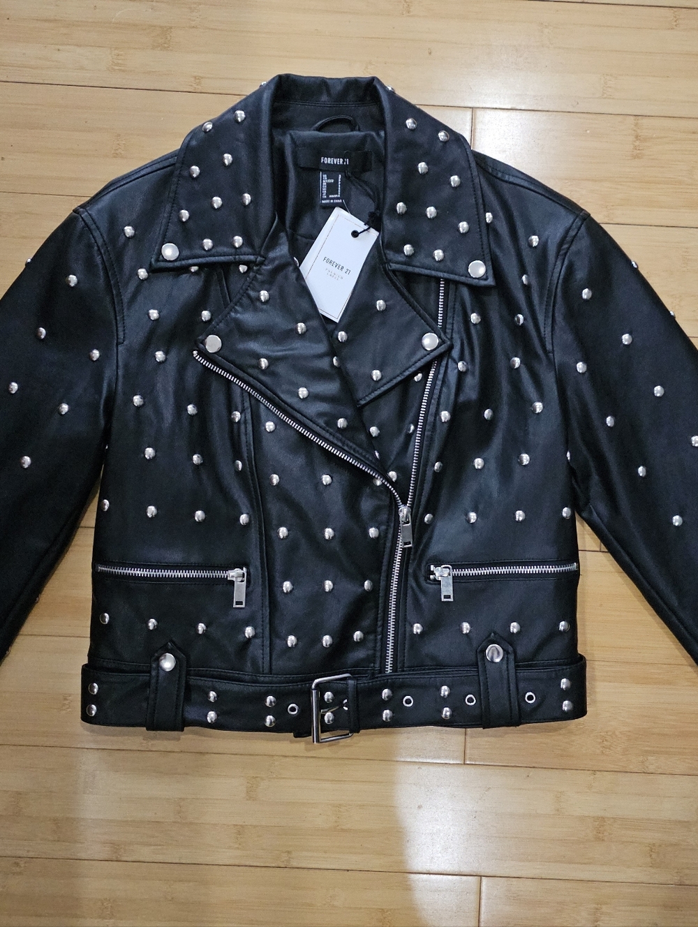 Forever 21 Punk Goth Black Silver Studded Faux Leather Zip Moto Jacket Coat S - Picture 12 of 12